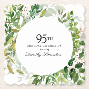 95th Birthday Party Modern Green Botanical Paper Coaster
