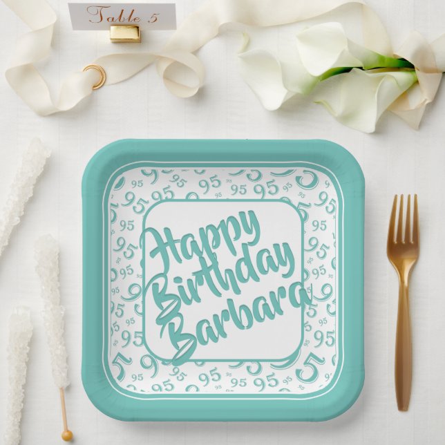 95th Birthday Party Number Pattern Teal White Paper Plate (Wedding)