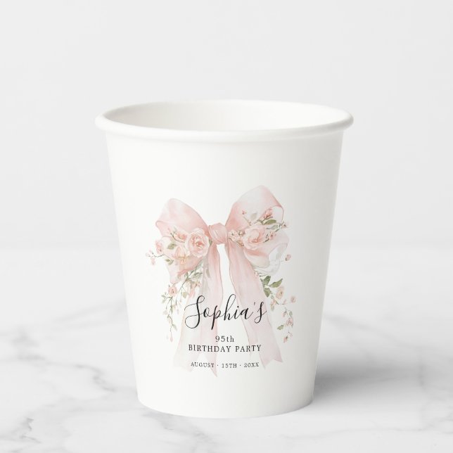95th Birthday Party Pink Bow with Roses Custom Paper Cups (Front)