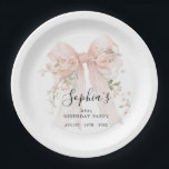 95th Birthday Party Pink Bow with Roses Custom Paper Plate<br><div class="desc">Blush pink watercolor coquette bow is decorated with roses and sage green greenery.</div>
