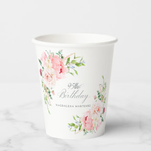 95th Birthday Party Pink Peony Floral Custom Paper Cups