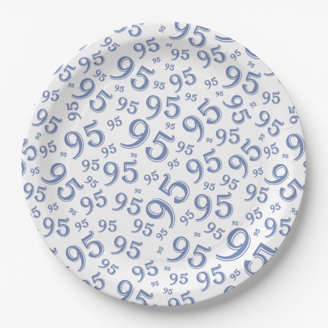 95th Birthday Party Random Number Pattern Blue Paper Plate (Front)