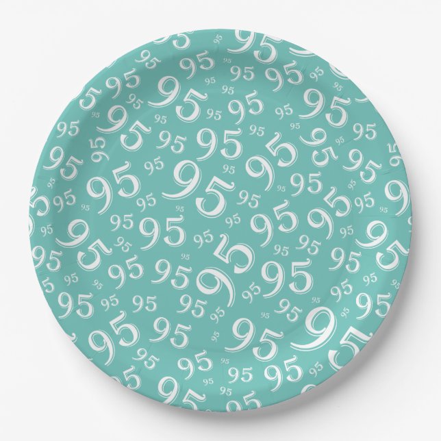 95th Birthday Party Random Number Pattern Teal Paper Plate (Front)
