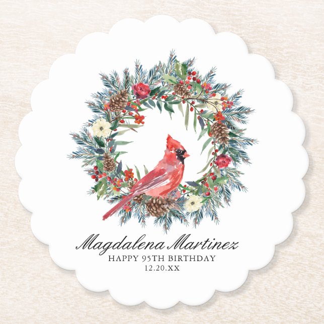 95th Birthday Party Red Cardinal Wreath Custom Paper Coaster (Front)