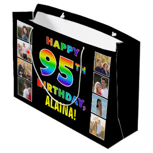 95th Birthday: Rainbow Text, Custom Photos & Name Large Gift Bag