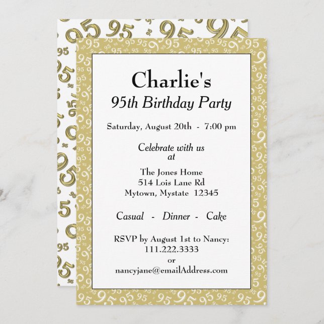 95th Birthday Random Number Pattern Gold/White Invitation (Front/Back)