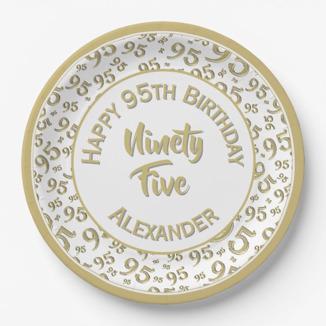 95th Birthday Random Number Pattern Gold/White Paper Plate (Front)