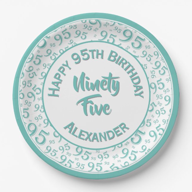 95th Birthday Random Number Pattern Teal/White Paper Plate (Front)