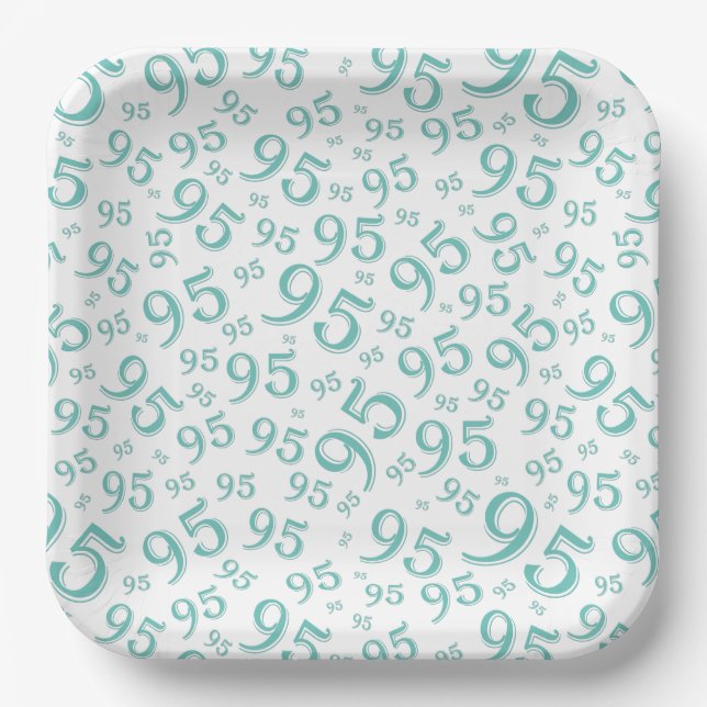95th Birthday Random Number Pattern Teal/White Paper Plate (Front)