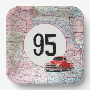 95th Birthday Red Retro Truck on Road Map   Paper Plate