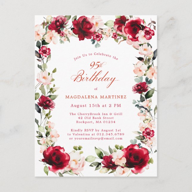 95th Birthday Red Rose Pink Peony Invitation Postcard (Front)
