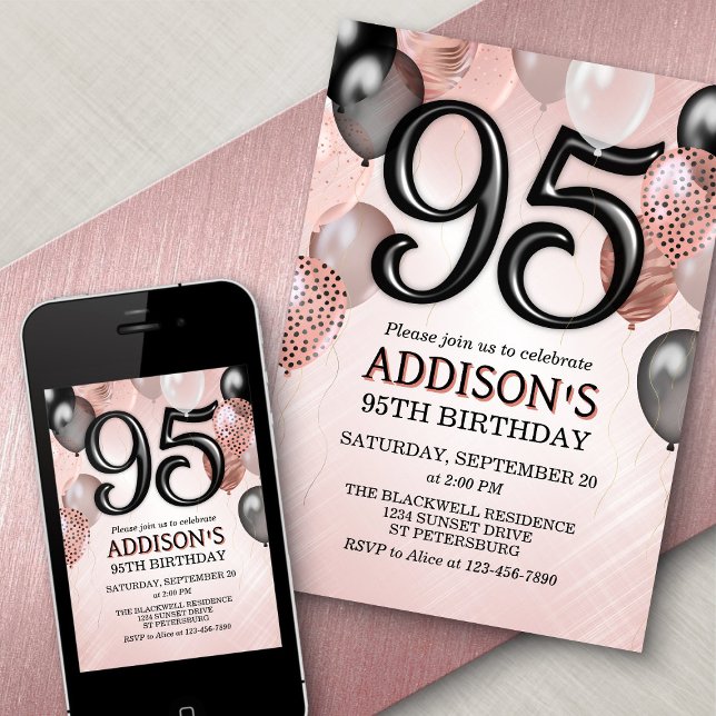 95th Birthday Rose Gold Balloons Invitation (Creator Uploaded)