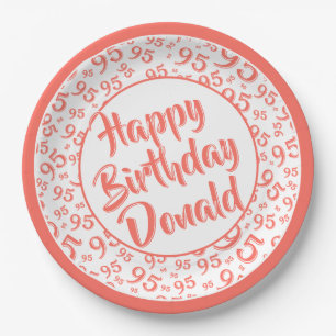 95th Party Random Number Pattern Coral/White Paper Plate