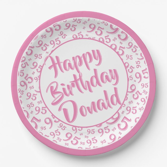 95th Party Random Number Pattern Pink/White Paper Plate (Front)