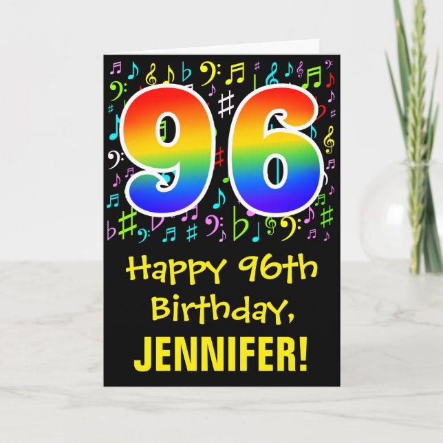 96th Birthday: Colorful Music Symbols + Rainbow 96 Card (Front)