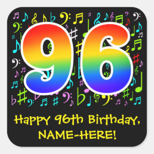 96th Birthday: Colorful Music Symbols, Rainbow 96 Square Sticker