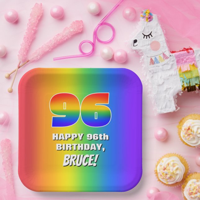 96th Birthday: Colourful, Fun Rainbow Pattern # 96 Paper Plate (Party)