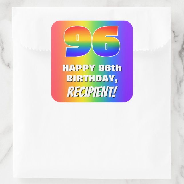 96th Birthday: Colourful, Fun Rainbow Pattern # 96 Square Sticker (Bag)