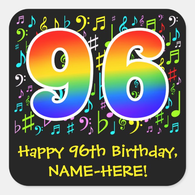 96th Birthday: Colourful Music Symbols, Rainbow 96 Square Sticker (Front)