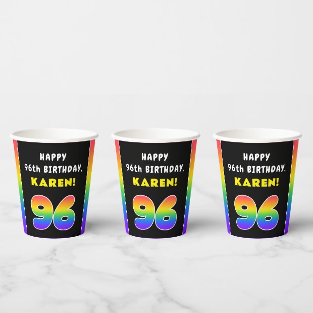 96th Birthday: Colourful Rainbow # 96, Custom Name Paper Cups (Multi)