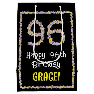 96th Birthday: Floral Flowers Number, Custom Name Medium Gift Bag