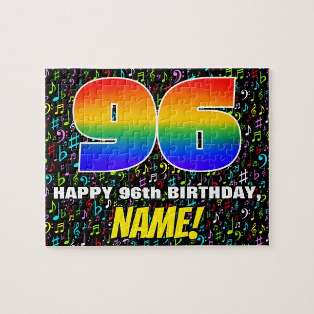 96th Birthday — Fun, Colourful Music Symbols & “96 Jigsaw Puzzle (Horizontal)