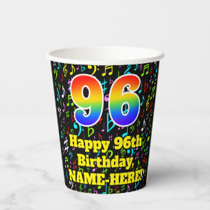 96th Birthday: Fun Music Notes Pattern, Rainbow 96 Paper Cups