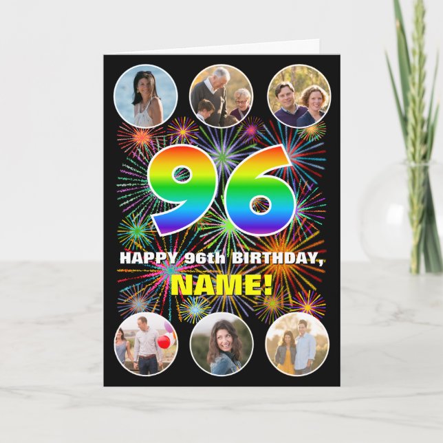 96th Birthday: Fun Rainbow #, Custom Name & Photos Card (Front)