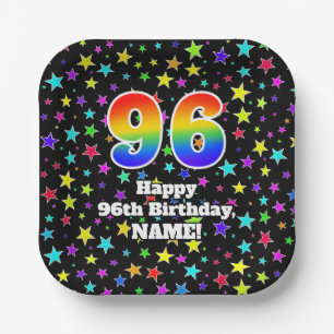 96th Birthday: Fun Stars Pattern and Rainbow “96” Paper Plate