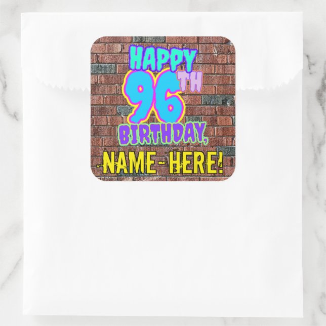 96th Birthday – Fun, Urban Graffiti Inspired Look Square Sticker (Bag)