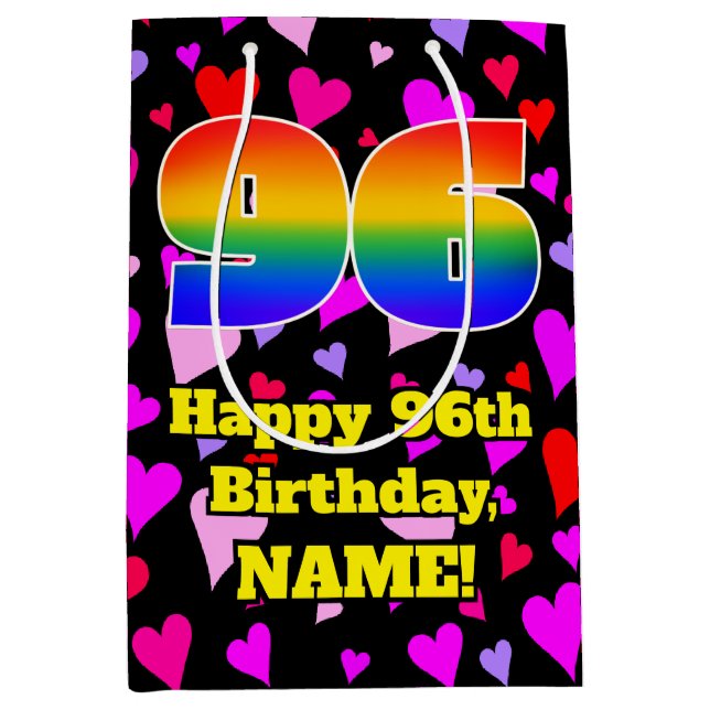 96th Birthday: Loving Hearts Pattern, Rainbow # 96 Medium Gift Bag (Front)