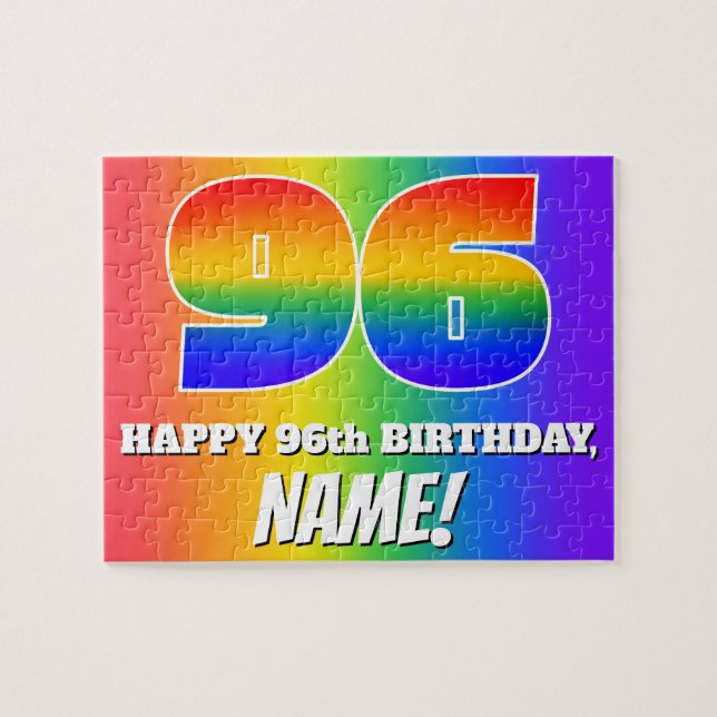 96th Birthday — Multicolored Rainbow Pattern “96” Jigsaw Puzzle (Horizontal)
