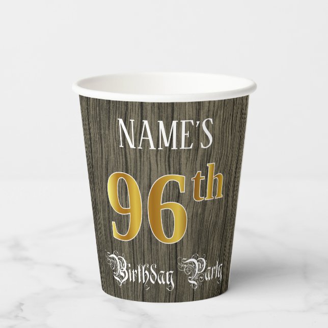 96th Birthday Party — Faux Gold & Faux Wood Looks Paper Cups (Back)
