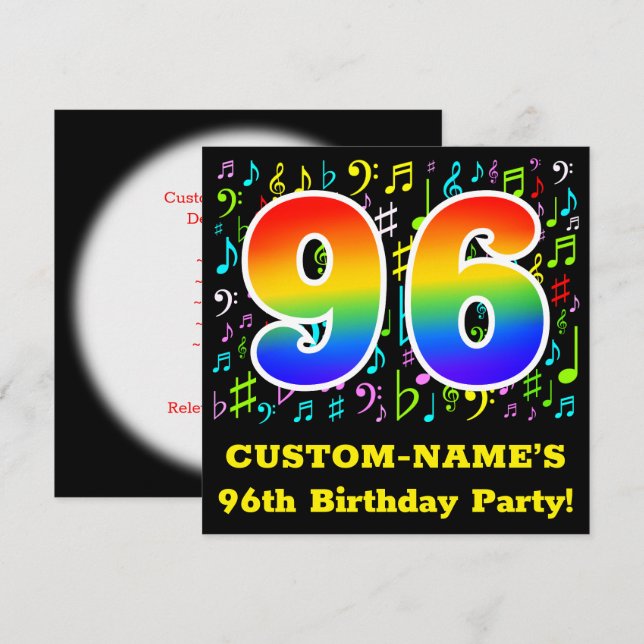 96th Birthday Party: Fun Music Symbols, Rainbow 96 Invitation (Front/Back)