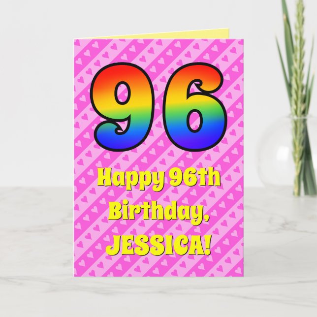 96th Birthday: Pink Stripes & Hearts, Rainbow # 96 Card (Front)