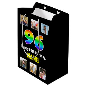 96th Birthday: Rainbow “96“, Custom Photos & Name Medium Gift Bag