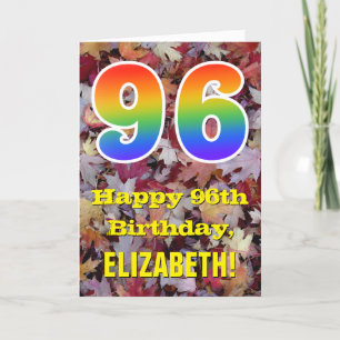 96th Birthday; Rustic Autumn Leaves; Rainbow "96" Card
