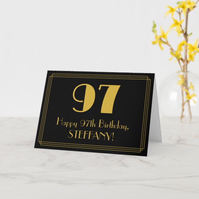 97th Birthday: Art Deco Inspired Look "97" + Name Card (Yellow Flower)