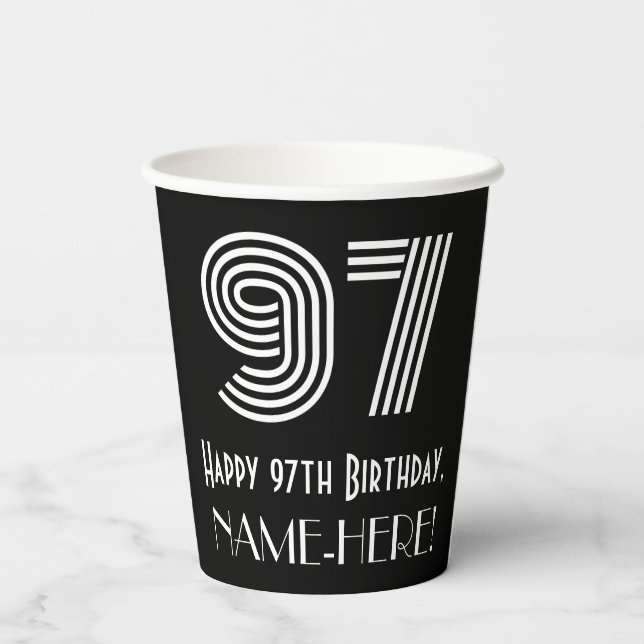 97th Birthday — Art Deco Inspired Look “97” + Name Paper Cups (Back)