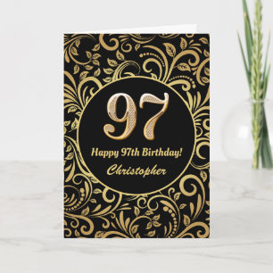 97th Birthday Black and Gold Floral Pattern Card
