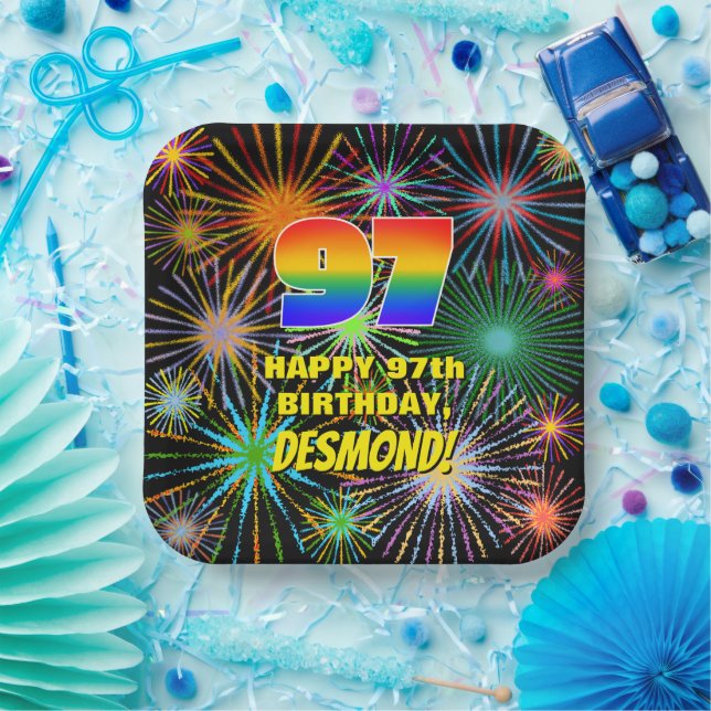 97th Birthday: Colourful, Fun Celebratory Firework Paper Plate (Party)