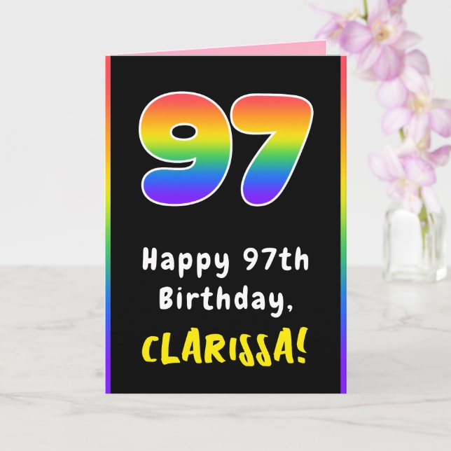 97th Birthday: Colourful Rainbow # 97, Custom Name Card (Orchid)