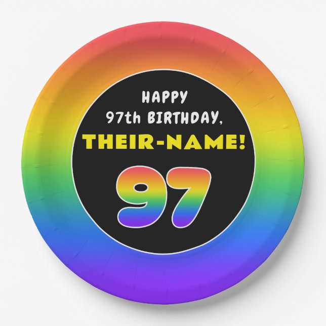 97th Birthday: Colourful Rainbow # 97, Custom Name Paper Plate (Front)