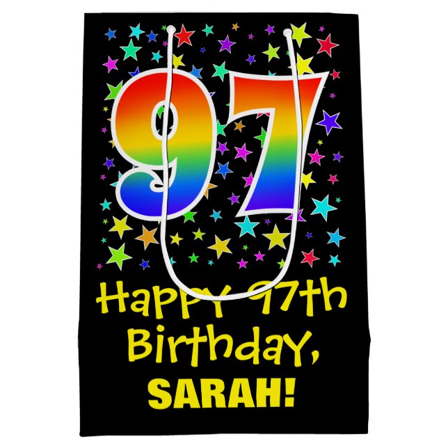 97th Birthday: Colourful Stars Pattern & Rainbow 9 Medium Gift Bag (Back)