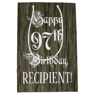 97th Birthday: Fancy, Faux Wood Look + Custom Name Medium Gift Bag