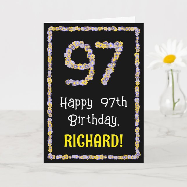 97th Birthday: Floral Flowers Number, Custom Name Card (Small Plant)