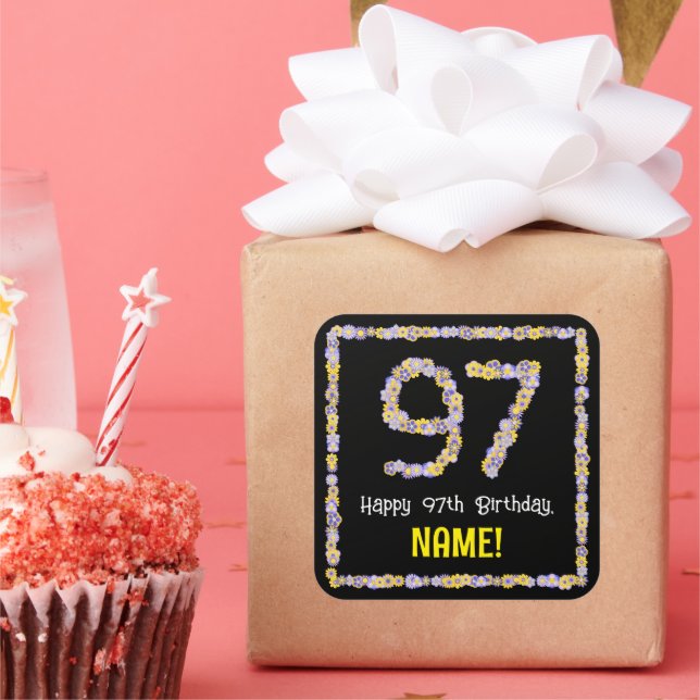97th Birthday: Floral Flowers Number, Custom Name Square Sticker (Party)