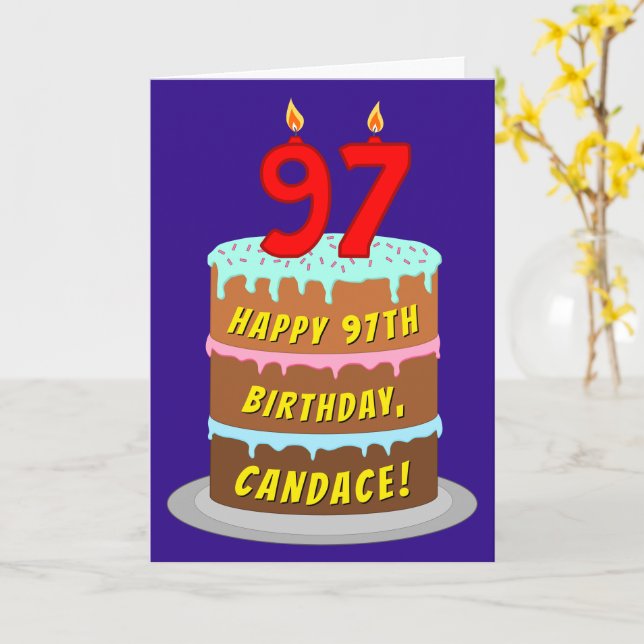 97th Birthday: Fun Cake and Candles + Custom Name Card (Yellow Flower)
