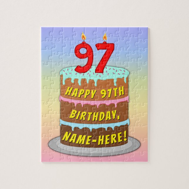97th Birthday: Fun Cake and Candles + Custom Name Jigsaw Puzzle (Vertical)