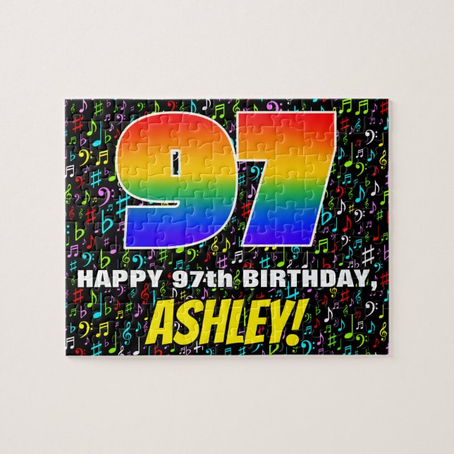 97th Birthday — Fun, Colourful Music Symbols & “97 Jigsaw Puzzle (Horizontal)